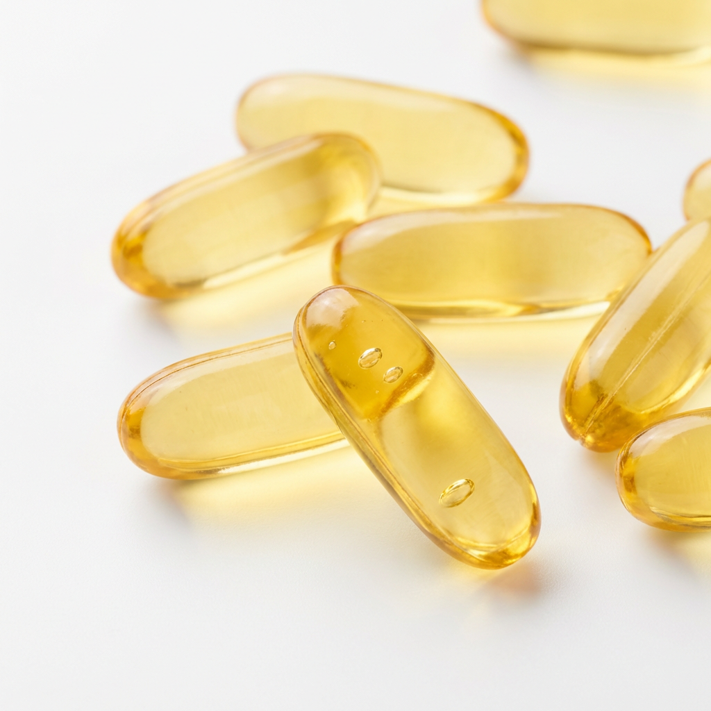 A collection of translucent yellow softgel capsules scattered on a plain white background.