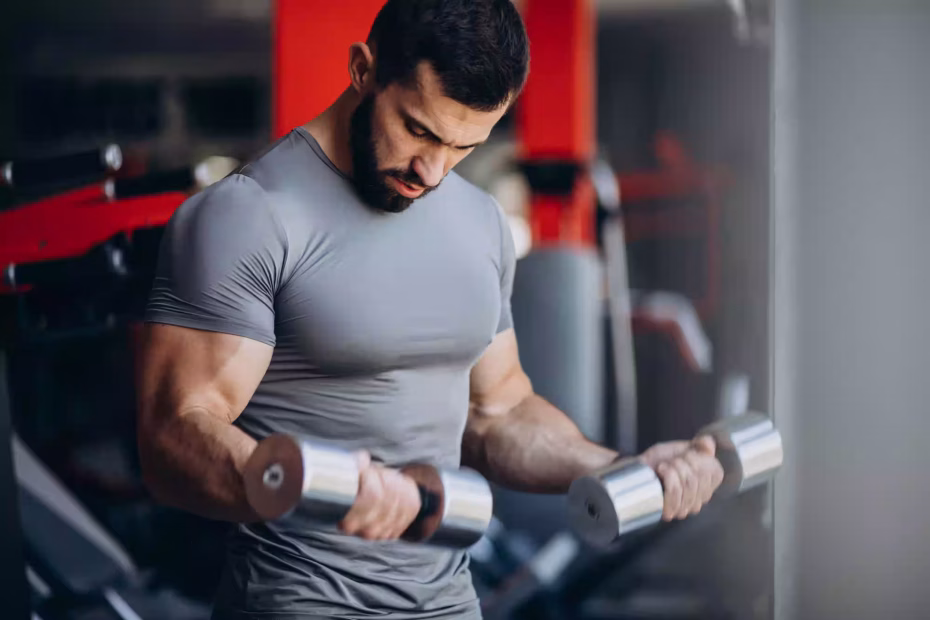 Man performing strength training with heavy weights in gym focusing on muscle building and power