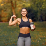 Fit woman holding a shaker bottle outdoors, representing creatine for women and active wellness